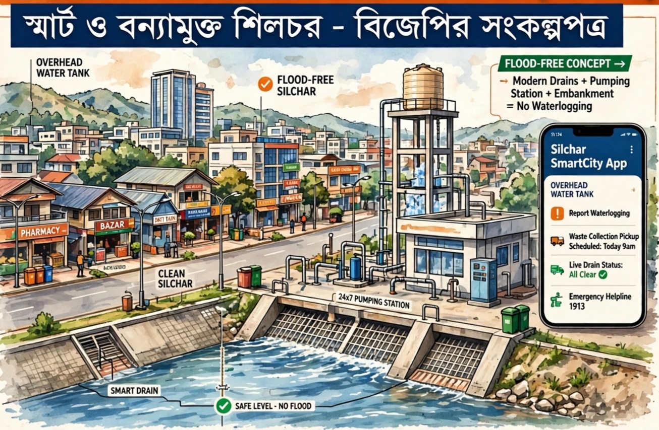 ৩ লক্ষ মানুষের জন্য মহাপরিকল্পনা, স্মার্ট ও বন্যামুক্ত শিলচর গড়তে সংকল্পপত্র প্রকাশ বিজেপির
